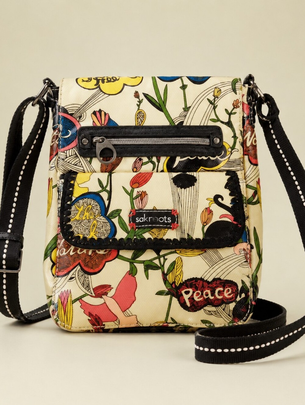 Sakroots Peace Bird Floral Organizer Crossbody Bag Boho Nature Multicolor